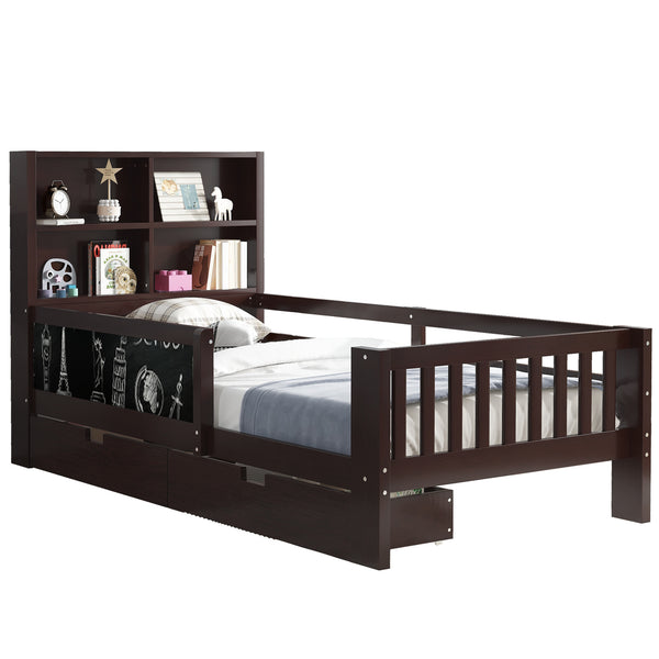 English Elm Twin Chalkboard Platform Bed with Drawers & Shelves, Solid Wood Kids Bed with Storage and Creative Headboard Espresso W1580P362705