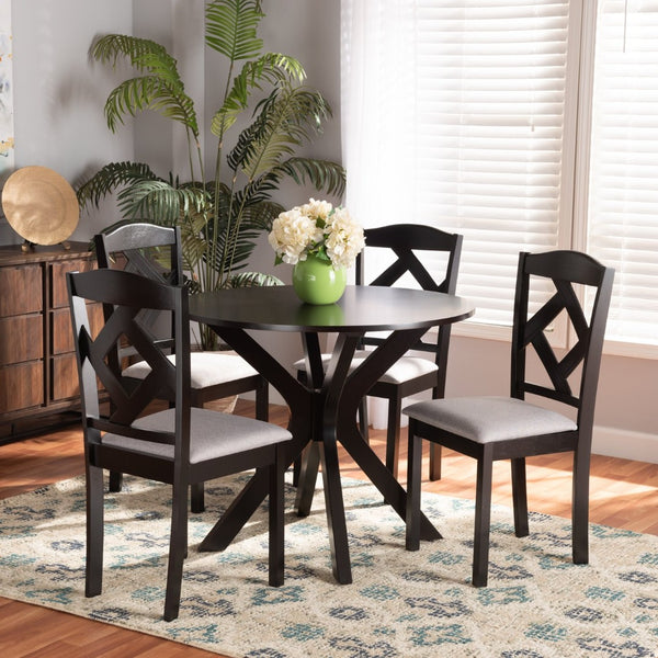 Baxton Studio Baxton Modern Transitional Grey Fabric Dining Set with Dark Brown Wood Table and Chairs for Comfort Carlin 5-Piece Carlin-Grey/Dark Brown-5PC Dining Set