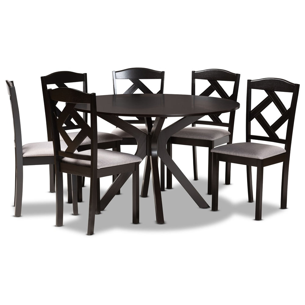 Baxton Studio Baxton Modern Transitional Grey Fabric Dining Set with Dark Brown Wood Table and Chairs for Comfort Carlin 7-Piece Carlin-Grey/Dark Brown-7PC Dining Set
