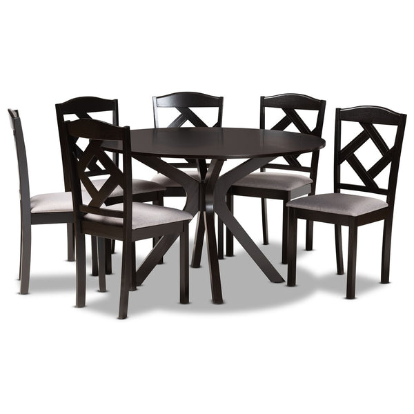 Baxton Studio Baxton Modern Transitional Grey Fabric Dining Set with Dark Brown Wood Table and Chairs for Comfort Carlin 7-Piece Carlin-Grey/Dark Brown-7PC Dining Set