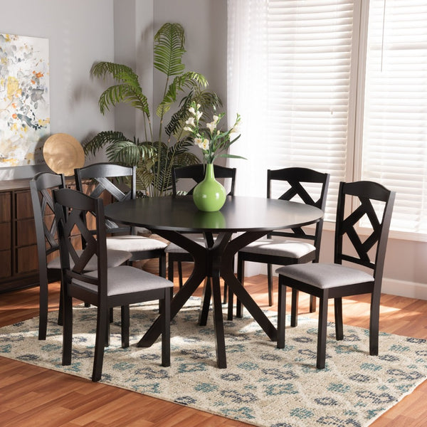 Baxton Studio Baxton Modern Transitional Grey Fabric Dining Set with Dark Brown Wood Table and Chairs for Comfort Carlin 7-Piece Carlin-Grey/Dark Brown-7PC Dining Set