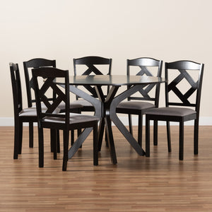 Baxton Studio Baxton Modern Transitional Grey Fabric Dining Set with Dark Brown Wood Table and Chairs for Comfort Carlin 7-Piece Carlin-Grey/Dark Brown-7PC Dining Set