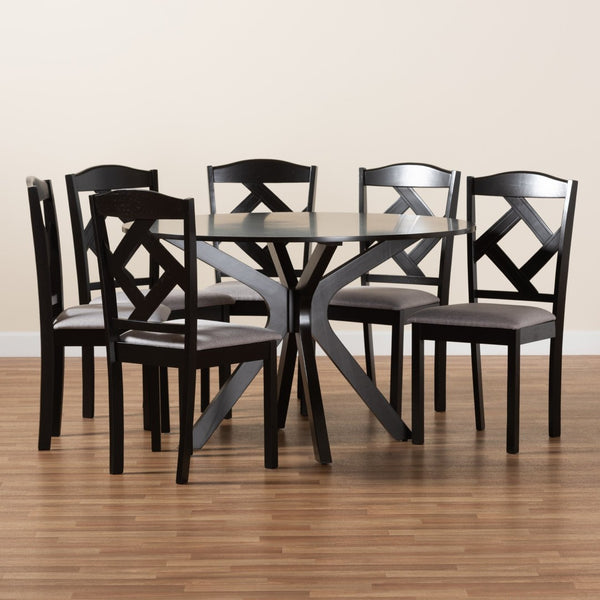 Baxton Studio Baxton Modern Transitional Grey Fabric Dining Set with Dark Brown Wood Table and Chairs for Comfort Carlin 7-Piece Carlin-Grey/Dark Brown-7PC Dining Set