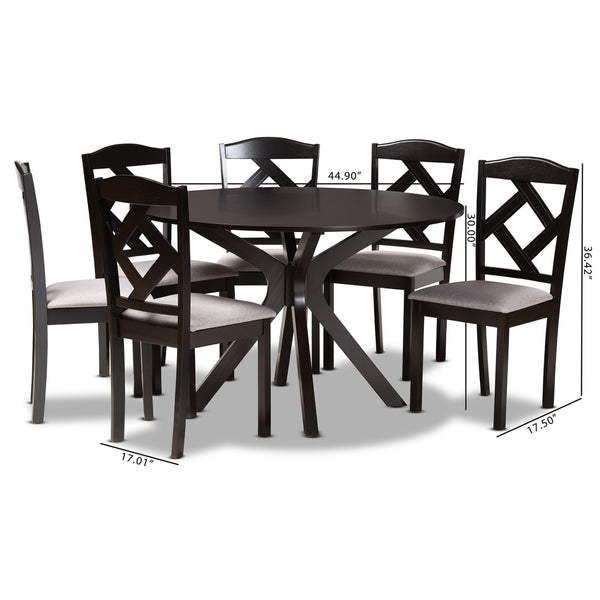 Baxton Studio Baxton Modern Transitional Grey Fabric Dining Set with Dark Brown Wood Table and Chairs for Comfort Carlin 7-Piece Carlin-Grey/Dark Brown-7PC Dining Set