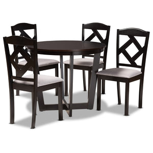 Baxton Studio Baxton Morigan 5-Piece Modern Dining Set with Circular Table & Plush Upholstered Chairs in Grey Morigan-Grey/Dark Brown-5PC Dining Set