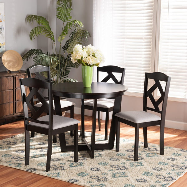 Baxton Studio Baxton Morigan 5-Piece Modern Dining Set with Circular Table & Plush Upholstered Chairs in Grey Morigan-Grey/Dark Brown-5PC Dining Set