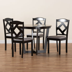 Baxton Studio Baxton Morigan 5-Piece Modern Dining Set with Circular Table & Plush Upholstered Chairs in Grey Morigan-Grey/Dark Brown-5PC Dining Set