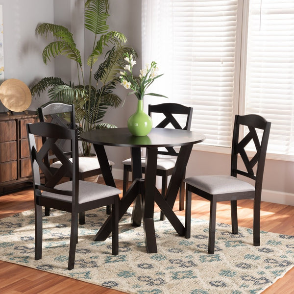 Baxton Studio Baxton Studio Riona 5-Piece Dining Set with Grey Fabric Upholstery & Dark Brown Wood Finish Riona-Grey/Dark Brown-5PC Dining Set
