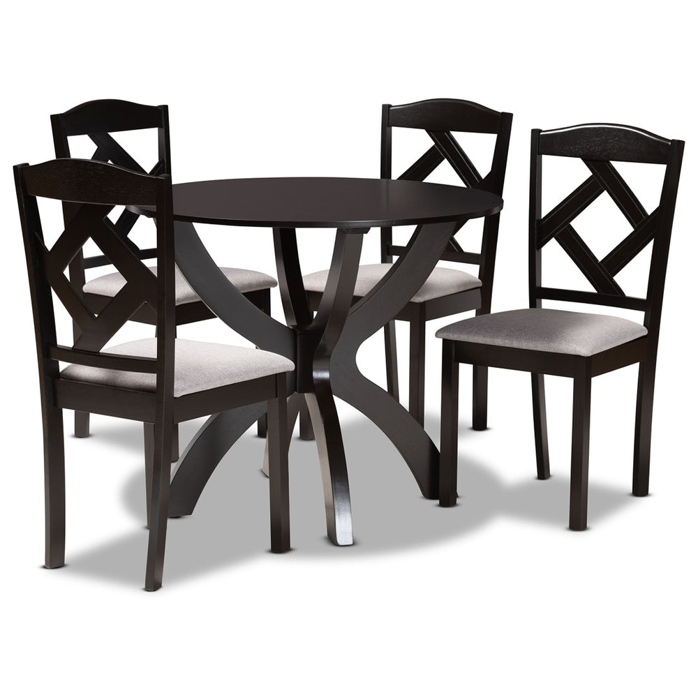Baxton Studio Baxton Nesa 5-Piece Modern Transitional Dining Set with Grey Upholstered Chairs & Round Table Nesa-Grey/Dark Brown-5PC Dining Set