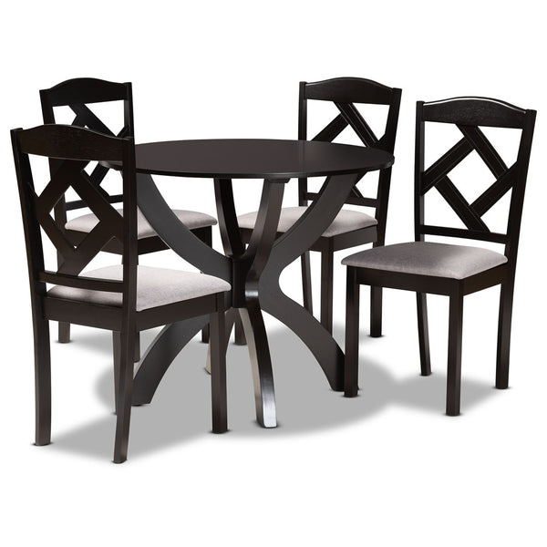 Baxton Studio Baxton Nesa 5-Piece Modern Transitional Dining Set with Grey Upholstered Chairs & Round Table Nesa-Grey/Dark Brown-5PC Dining Set