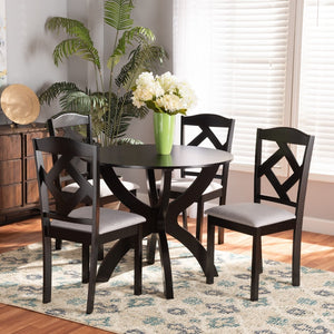 Baxton Studio Baxton Nesa 5-Piece Modern Transitional Dining Set with Grey Upholstered Chairs & Round Table Nesa-Grey/Dark Brown-5PC Dining Set