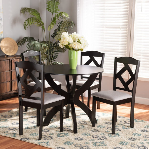 Baxton Studio Baxton Nesa 5-Piece Modern Transitional Dining Set with Grey Upholstered Chairs & Round Table Nesa-Grey/Dark Brown-5PC Dining Set