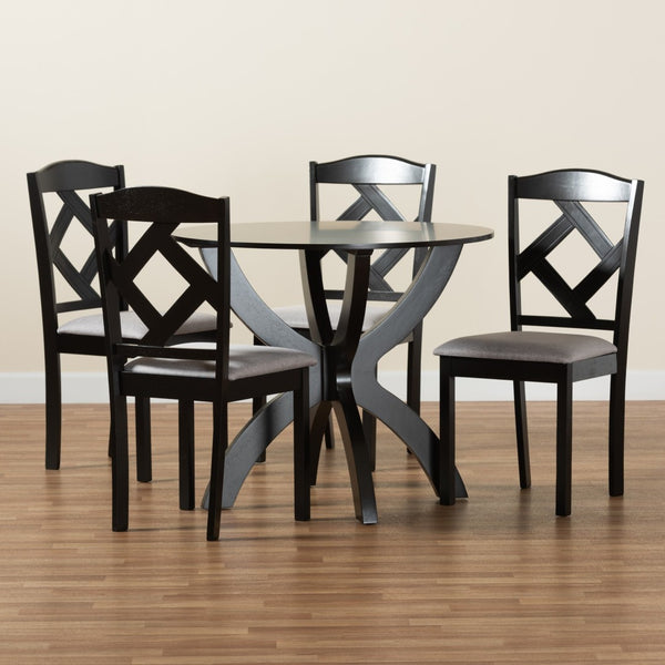 Baxton Studio Baxton Nesa 5-Piece Modern Transitional Dining Set with Grey Upholstered Chairs & Round Table Nesa-Grey/Dark Brown-5PC Dining Set