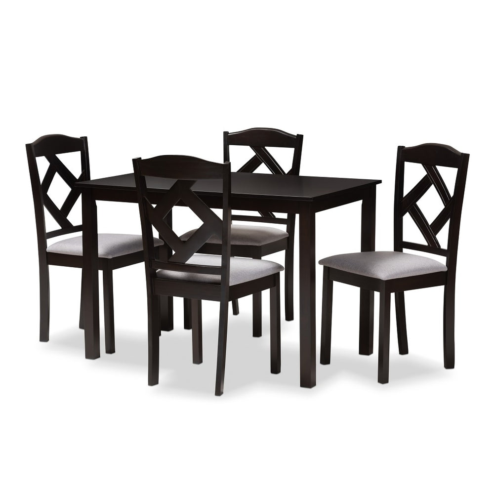 Baxton Studio Baxton Modern 5-Piece Dining Set with Espresso Brown Table & Grey Upholstered Chairs for Cozy Spaces RH133C-Dark Brown/Grey Dining Set