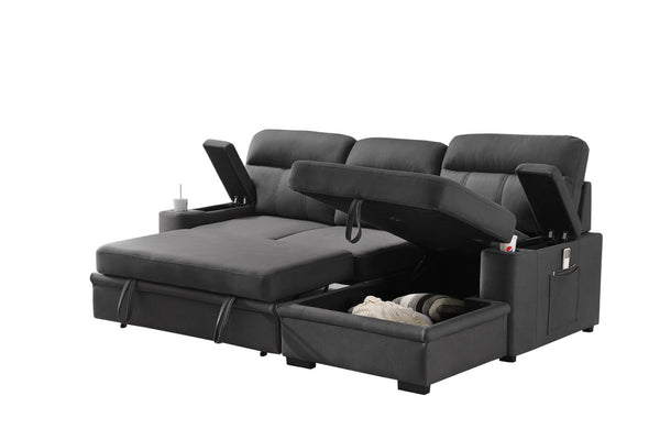 English Elm Kaden Sleeper Sectional with Chaise Storage Arms Cupholders and Pull Out Guest Bed Gray B061S00061