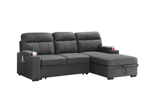 English Elm Kaden Sleeper Sectional with Chaise Storage Arms Cupholders and Pull Out Guest Bed Gray B061S00061