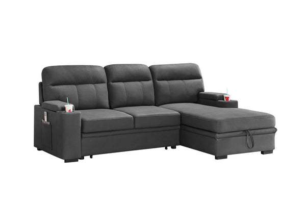 English Elm Kaden Sleeper Sectional with Chaise Storage Arms Cupholders and Pull Out Guest Bed Gray B061S00061