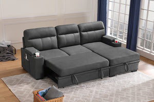 English Elm Kaden Sleeper Sectional with Chaise Storage Arms Cupholders and Pull Out Guest Bed Gray B061S00061