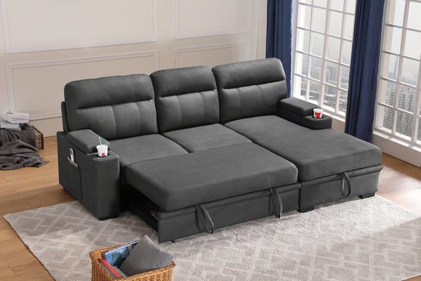 English Elm Kaden Sleeper Sectional with Chaise Storage Arms Cupholders and Pull Out Guest Bed Gray B061S00061