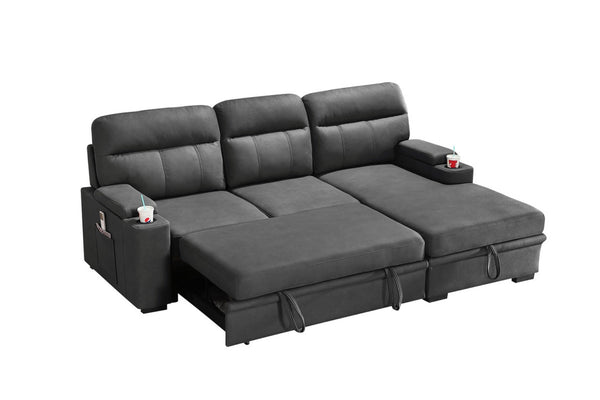 English Elm Kaden Sleeper Sectional with Chaise Storage Arms Cupholders and Pull Out Guest Bed Gray B061S00061