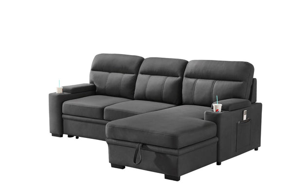 English Elm Kaden Sleeper Sectional with Chaise Storage Arms Cupholders and Pull Out Guest Bed Gray B061S00061