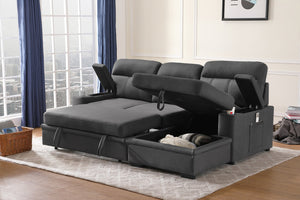 English Elm Kaden Sleeper Sectional with Chaise Storage Arms Cupholders and Pull Out Guest Bed Gray B061S00061