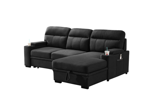 English Elm Kaden Sleeper Sectional with Chaise Storage Arms Cupholders and Pull Out Guest Bed Black B061S00062