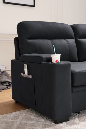 English Elm Kaden Sleeper Sectional with Chaise Storage Arms Cupholders and Pull Out Guest Bed Black B061S00062