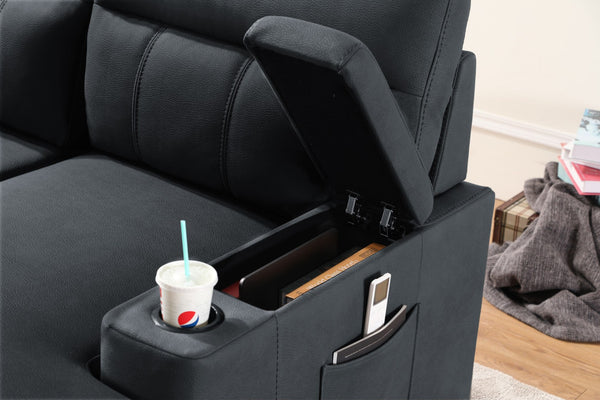 English Elm Kaden Sleeper Sectional with Chaise Storage Arms Cupholders and Pull Out Guest Bed Black B061S00062