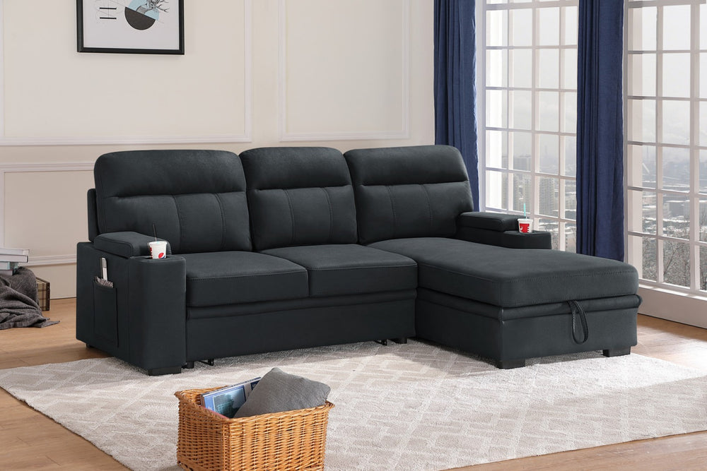 English Elm Kaden Sleeper Sectional with Chaise Storage Arms Cupholders and Pull Out Guest Bed Black B061S00062