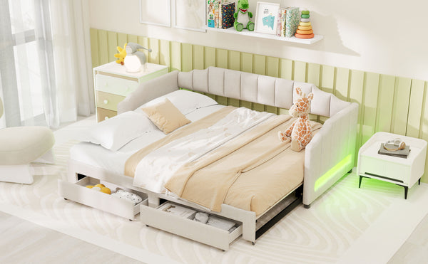 English Elm Twin Extendable Upholstered Daybed with Two Storage Drawers, LED Light, Slat Kit Included for Guests Beige N7500002061A