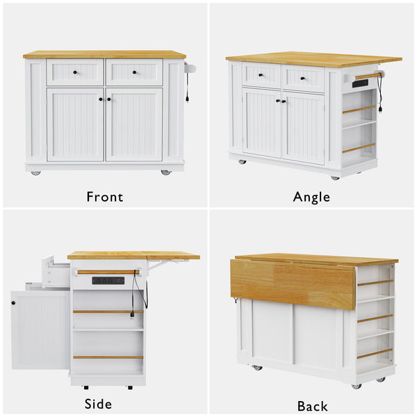 English Elm K&K 48in Kitchen Island Set with 2 Stools, Built-In Power Station, Drop Leaf & Ample Storage Space White N707S000015W