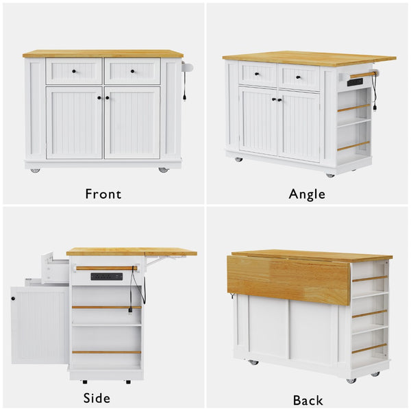 English Elm 48inch Kitchen Island Set with Bar Stools Drop Leaf Built in Power Station Mdf Storage White N707S003015W