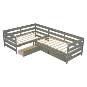 English Elm Twin L-Shaped Platform Bed with Three Spacious Drawers, Solid Pine & MDF, Clean-Lined Design Gray N7090000468E
