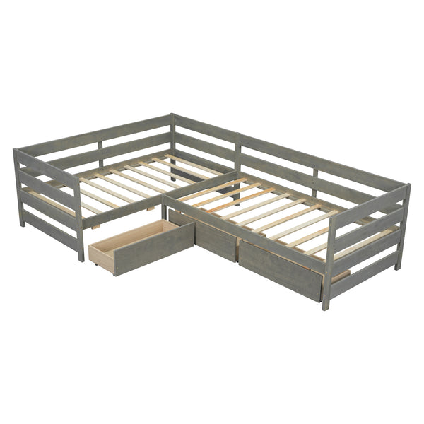 English Elm Twin L-Shaped Platform Bed with Three Spacious Drawers, Solid Pine & MDF, Clean-Lined Design Gray N7090000468E