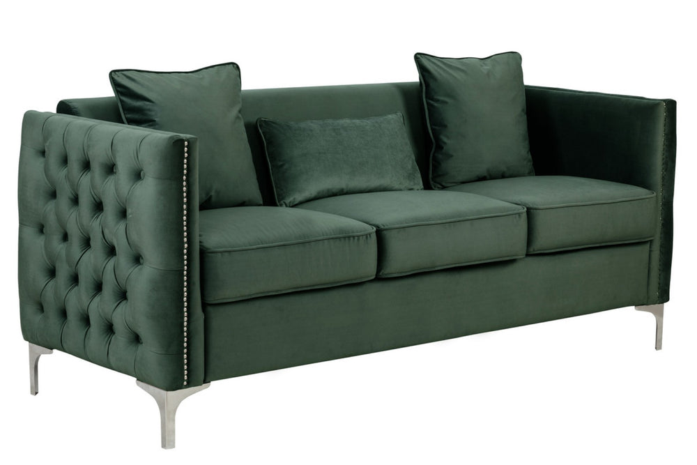 English Elm Bayberry Tufted Velvet Sofa with Nailhead Trim and Chrome Legs for Elegant Living B06178563