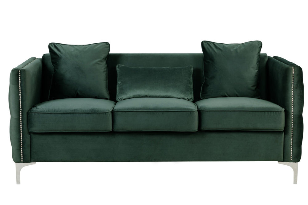 English Elm Bayberry Tufted Velvet Sofa with Nailhead Trim and Chrome Legs for Elegant Living B06178563