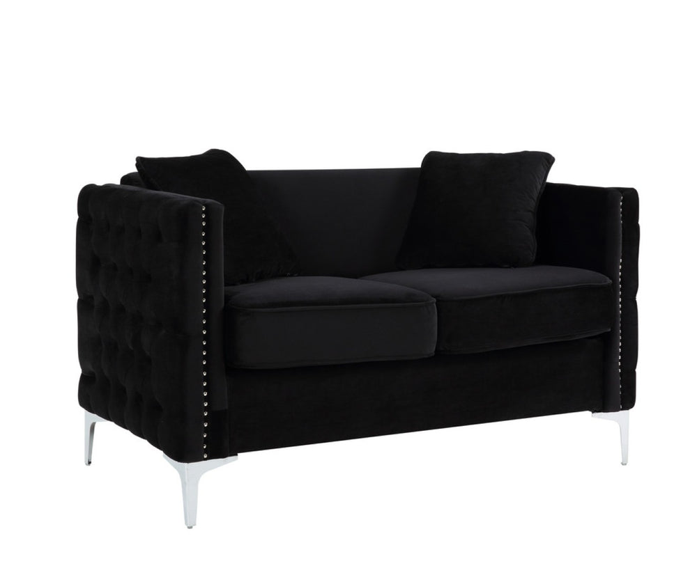 English Elm Bayberry Tufted Velvet Loveseat with Nailhead Trim and Chrome Legs for Living Rooms B06178251
