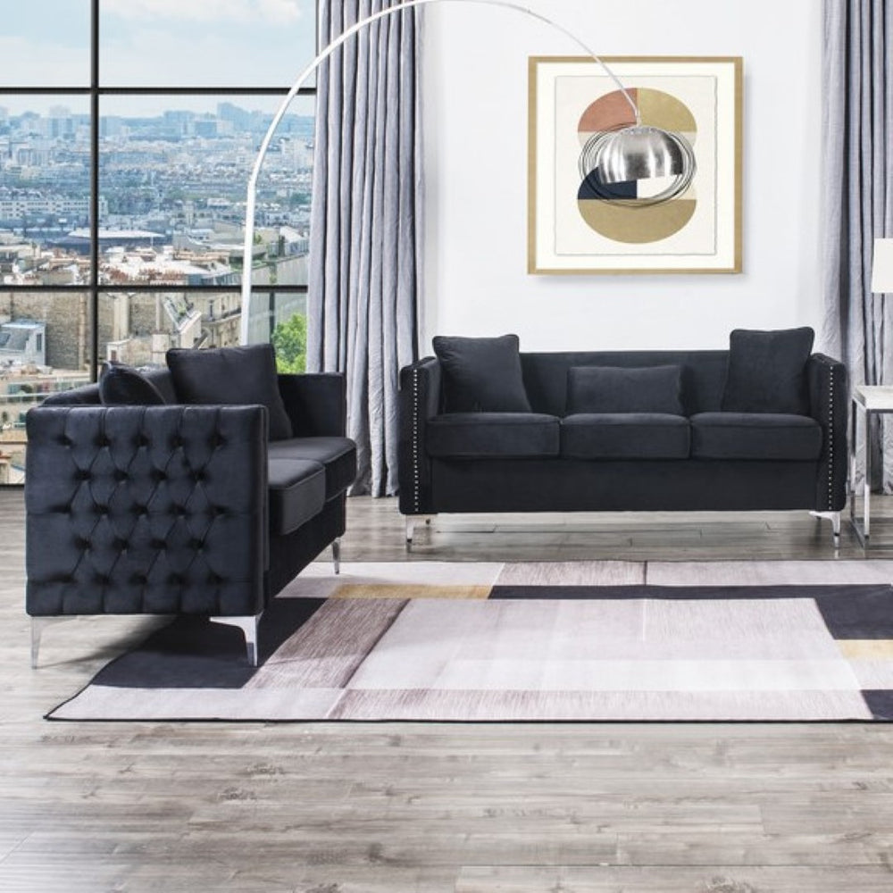 English Elm Bayberry Tufted Velvet Sofa and Loveseat Set with Nailhead Trim Chrome Legs B061S00577