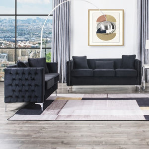 English Elm Bayberry Tufted Velvet Sofa and Loveseat Set with Nailhead Trim Chrome Legs B061S00577
