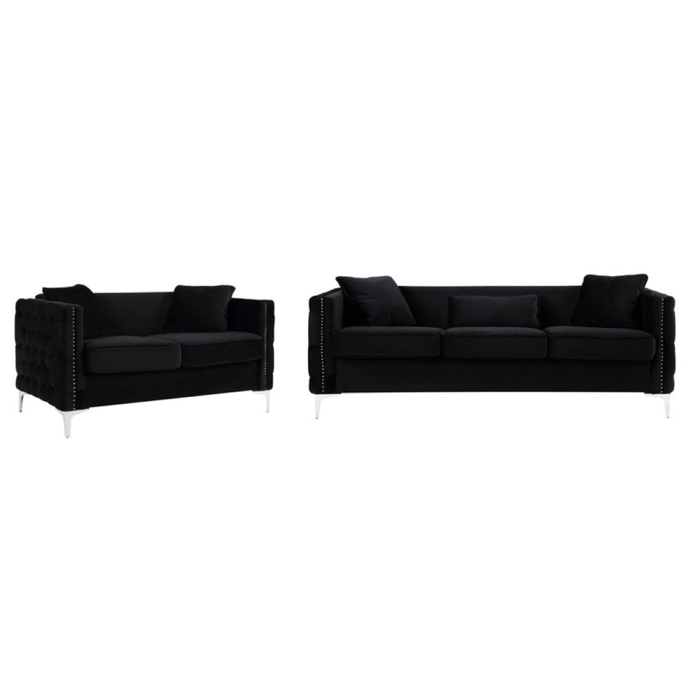 English Elm Bayberry Tufted Velvet Sofa and Loveseat Set with Nailhead Trim Chrome Legs B061S00577
