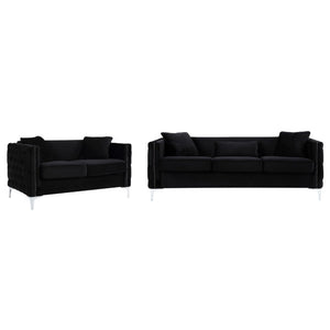 English Elm Bayberry Tufted Velvet Sofa and Loveseat Set with Nailhead Trim Chrome Legs B061S00577