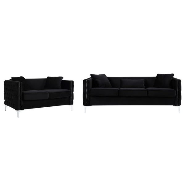 English Elm Bayberry Tufted Velvet Sofa and Loveseat Set with Nailhead Trim Chrome Legs B061S00577