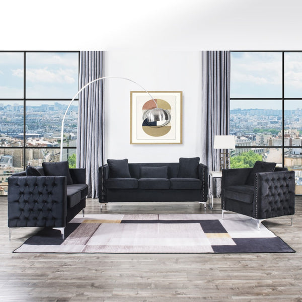 English Elm Bayberry Tufted Black Velvet 3 Piece Living Room Set with Nailhead Chrome Legs B061S00063