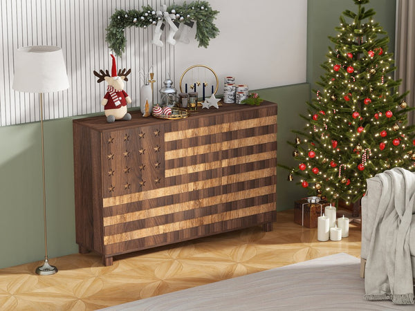 English Elm 55" Walnut Buffet Sideboard Cabinet with Hand-Carved Detail, 2 Drawers, 3 Doors, Adjustable Shelves, Anti-Tip Safety W2977P294024