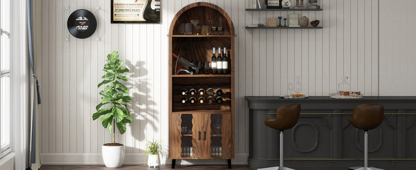 English Elm 71"Farmhouse Arched Wine Bar Cabinet with 15 Bottle Racks, 16 Glass Holders, Anti-Tip Safety for Living/Dining Brown Oak W2977P338256