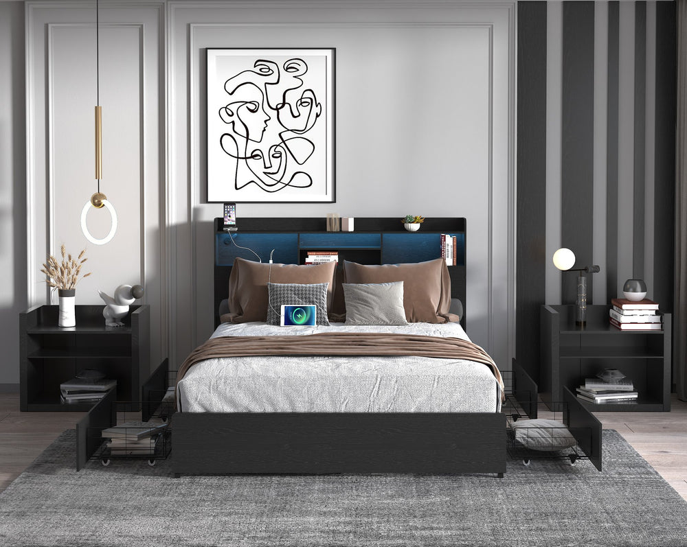 English Elm Full Bed Frame With 4 Storage Drawers, Led Charging Station, Quiet Design – Maximize Bedroom Style! W2129P387055