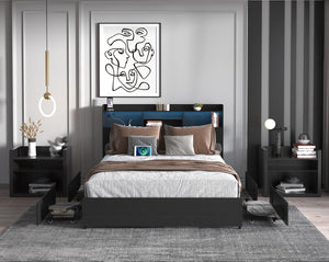 English Elm Full Bed Frame With 4 Storage Drawers, Led Charging Station, Quiet Design – Maximize Bedroom Style! W2129P387055