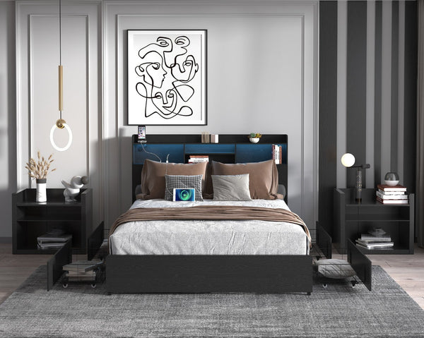 English Elm Queen Bed Frame With 4 Storage Drawers, Led Charging Station & Quiet Design For Modern Bedrooms W2129P387052-GIGA