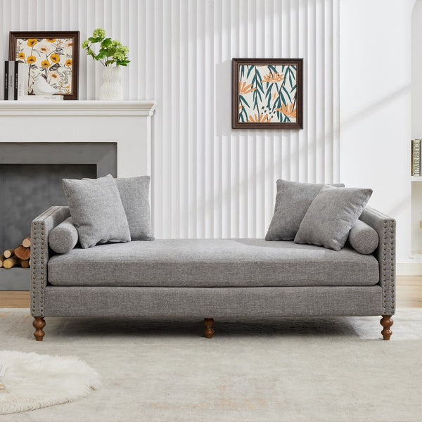 English Elm 75.2'' Chenille Upholstered Daybed Chaise with Nailhead Trim and Rubberwood Legs Gray W3188S00058